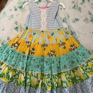 Matilda Jane Striped and Floral Tiered Dress - Blue, Yellow, Green